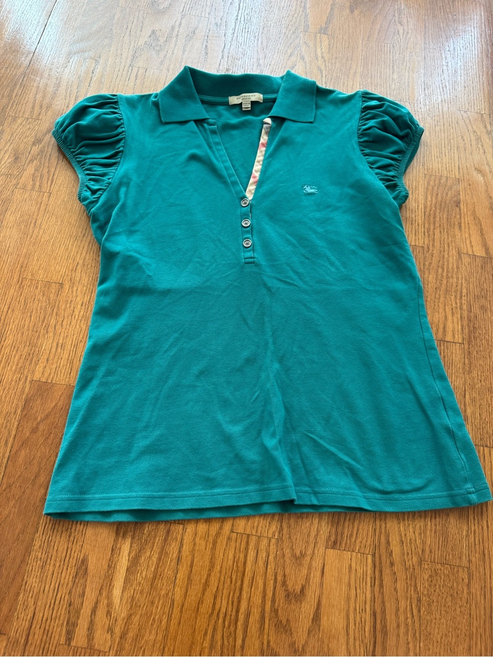 Burberry Teal Polo Style Puff Sleeve V-Neck Top